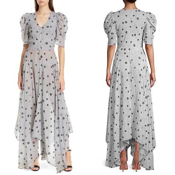 LoveShackFancy Coralie Puff Sleeve V Neck Midi Dress Charcoal Floral Plaid US 0 - Picture 6 of 12